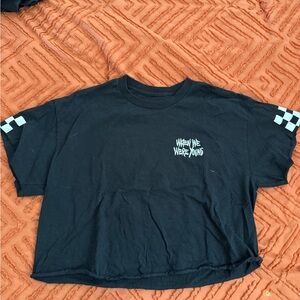 Black Graphic Festival Tee with Checkered Sleeves